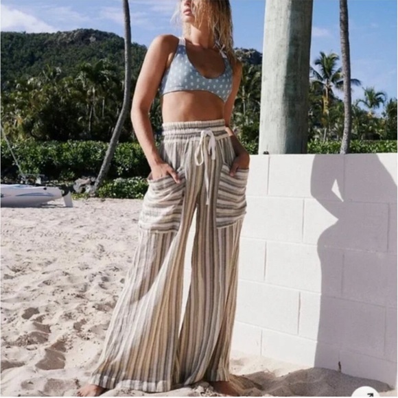 Free People Pants - Free People Striped Jones Beach Wide Leg Beach Pants Large Pocket Linen Pant
